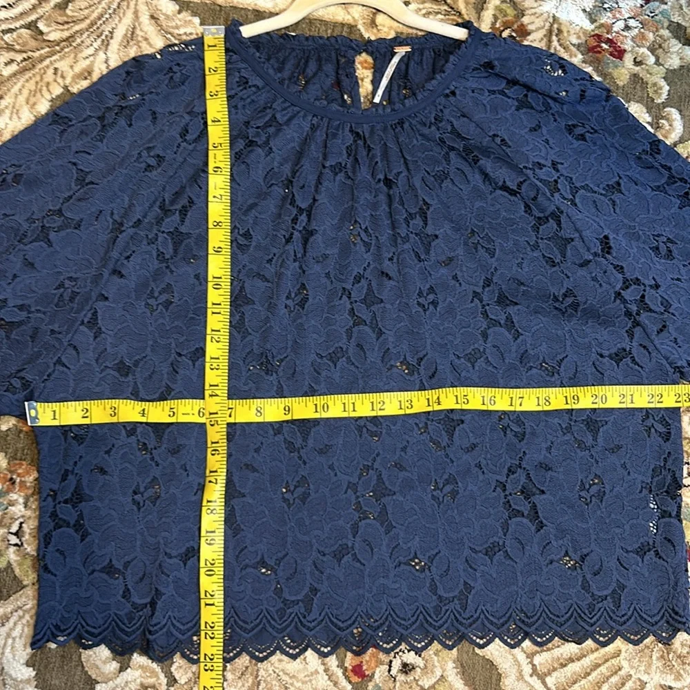 Free People Navy Blue Floral Lace Elastic Sleeve Blouse